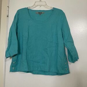 FLAX Turquoise Blue knit Linen side button Long sleeve top size SMALL